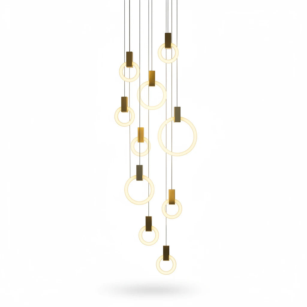 Lysverden minimalistisk ringpendel med flere lysende sirkler i tre og akryl i et moderne japandi-design