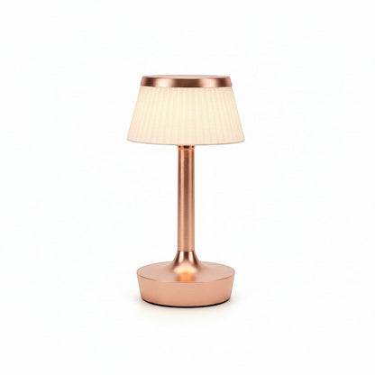 Lysverden rose gold cordless table lamp with pleated shade, touch control, and dimmable light.
