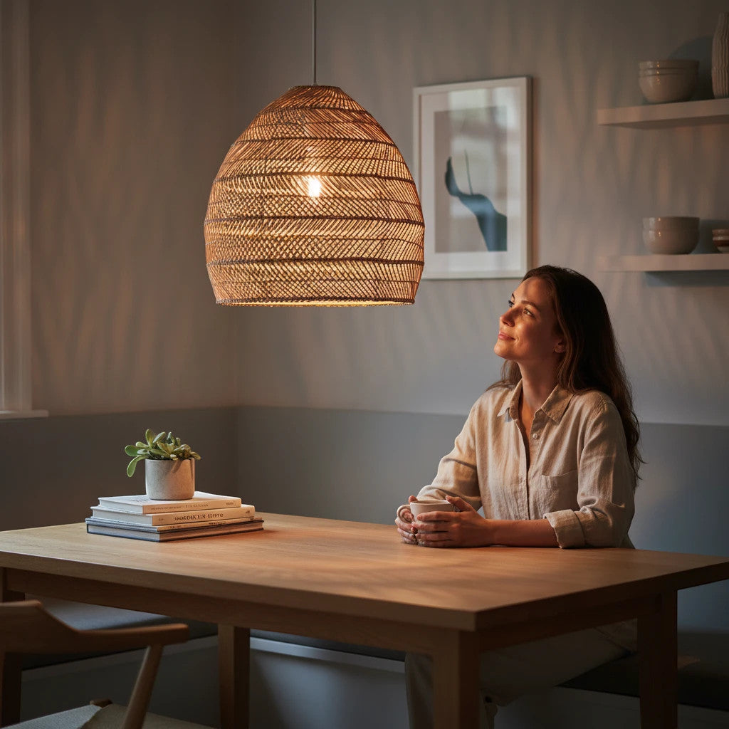 Lysverden hand-woven rattan dome pendant light casting warm shadows over a woman sitting at a wooden dining table.