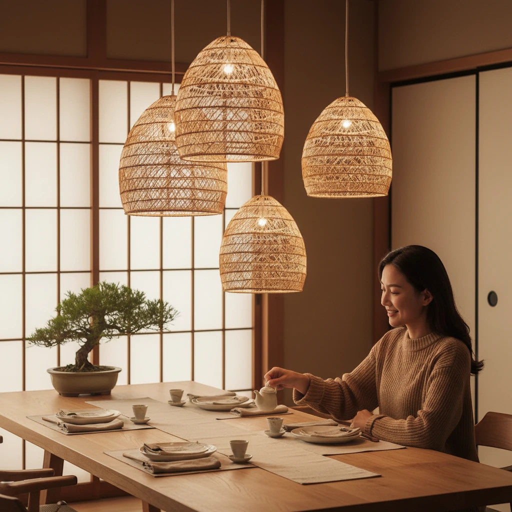 Lysverden håndflettede rottingpendler i en japandi-spisestue der en kvinne serverer te ved et trebord.