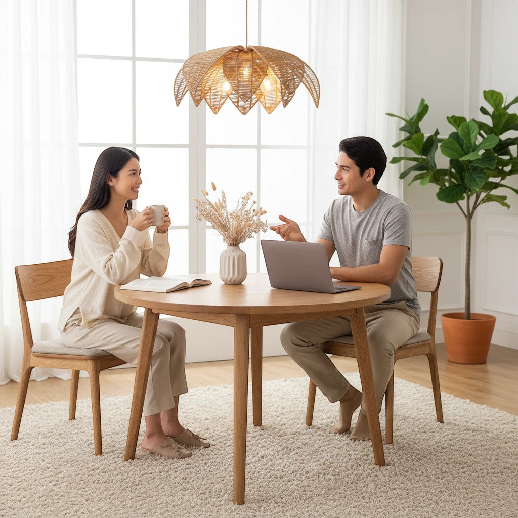 Lysverden hand-woven rattan pendant light hanging over a wooden dining table with a couple sitting in a bright room.