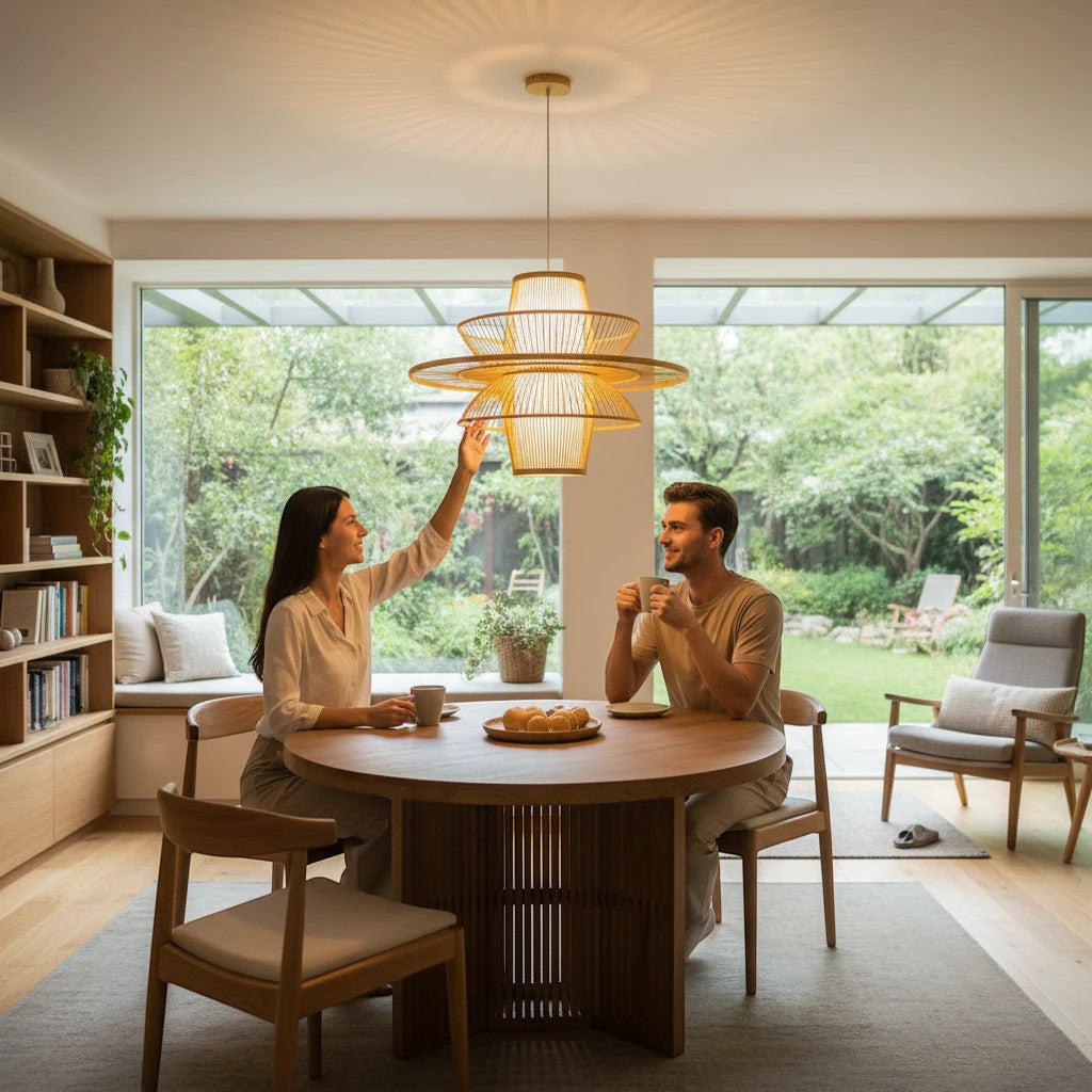 Lysverden Rottingpendel sombrero pendant lamp in natural rattan hanging over a dining table in a Japandi style room.