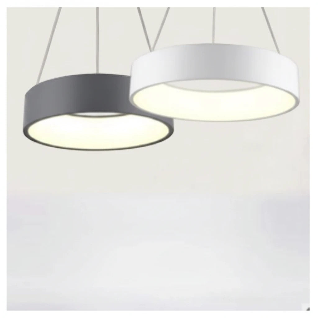 Lysverden round LED drum pendant lights in white and grey with minimalist Nordic design for soft downward illumination.