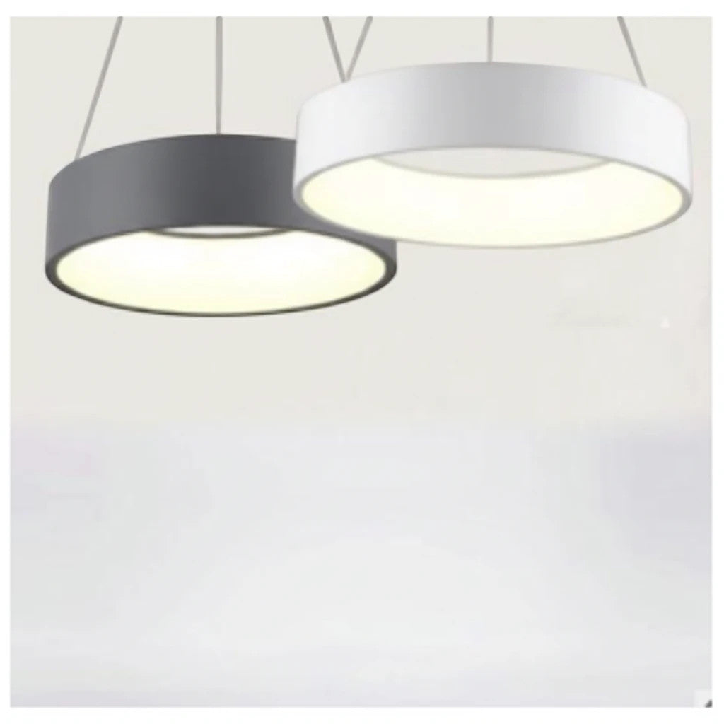Lysverden round LED drum pendant lights in white and grey with minimalist Nordic design for soft downward lighting.