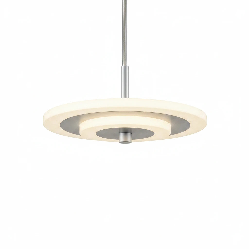 Lysverden moderne rund LED-pendel med hvit akryl og kromdetaljer for minimalistisk spisestuebelysning