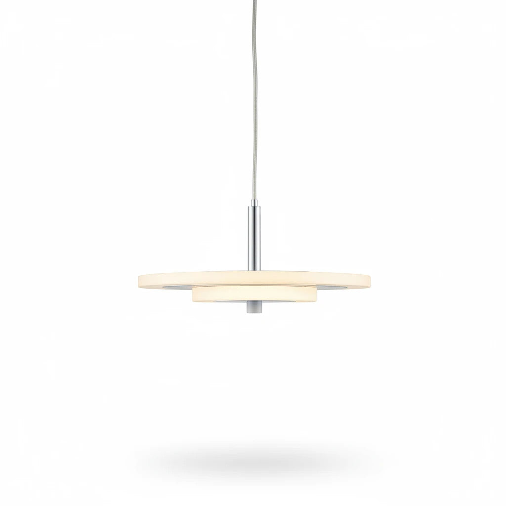 Lysverden moderne rund LED-pendel i hvit og krom med minimalistisk design til spisestuebelysning.