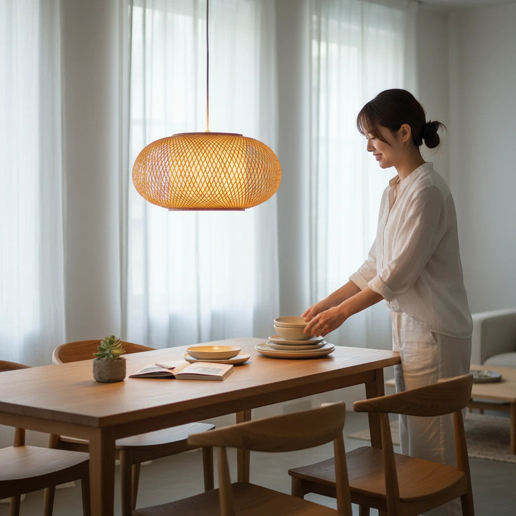 Lysverden round rattan pendant lamp hanging over a wooden dining table in a bright Japandi style room
