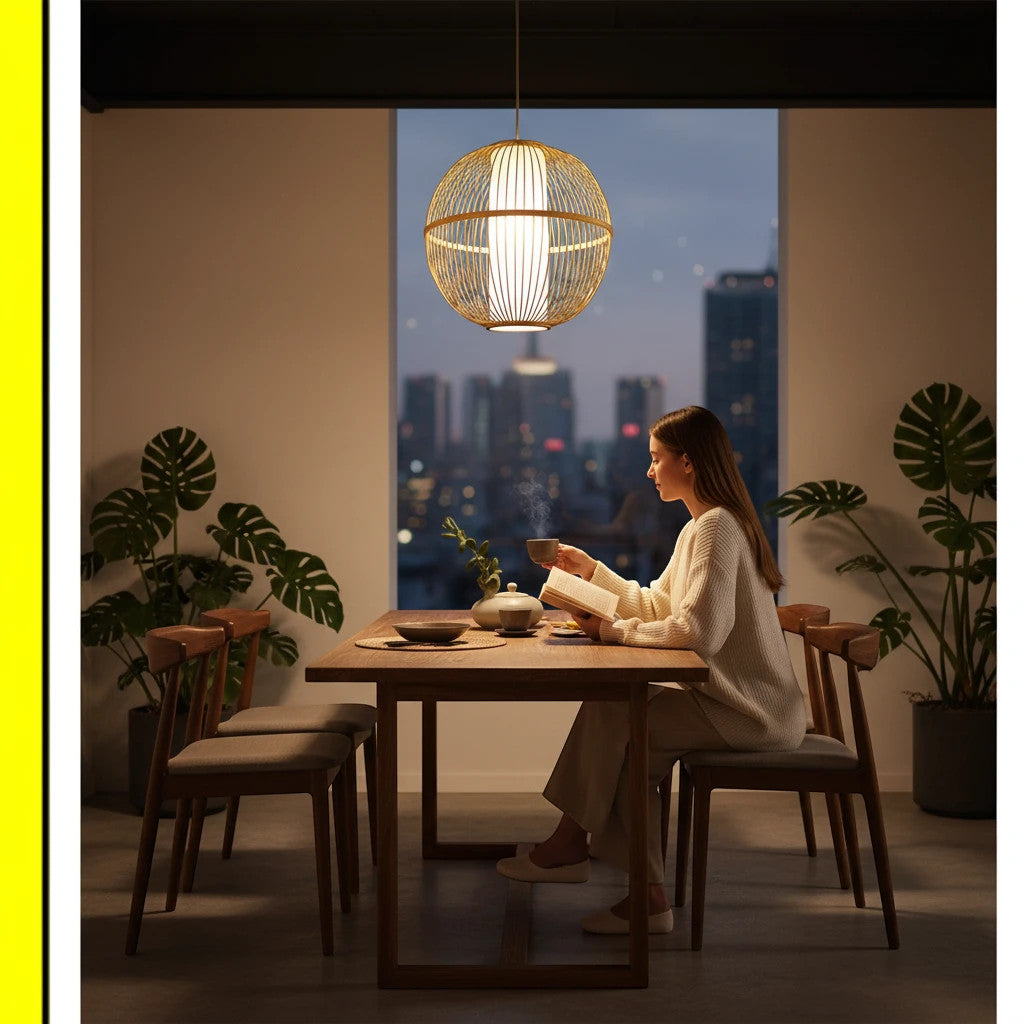 Lysverden round rattan pendant lamp with inner shade hanging over a dining table in a cozy Japandi style room