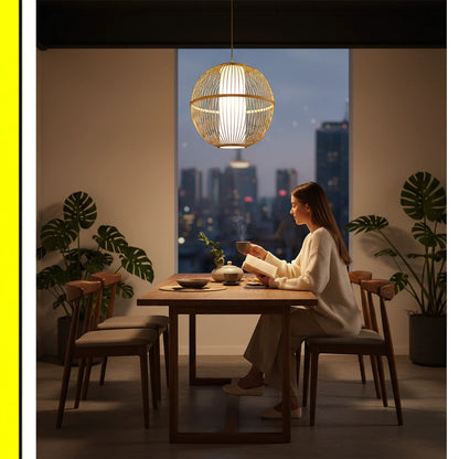 Lysverden round rattan pendant lamp with inner shade hanging over a dining table in a cozy Japandi style room