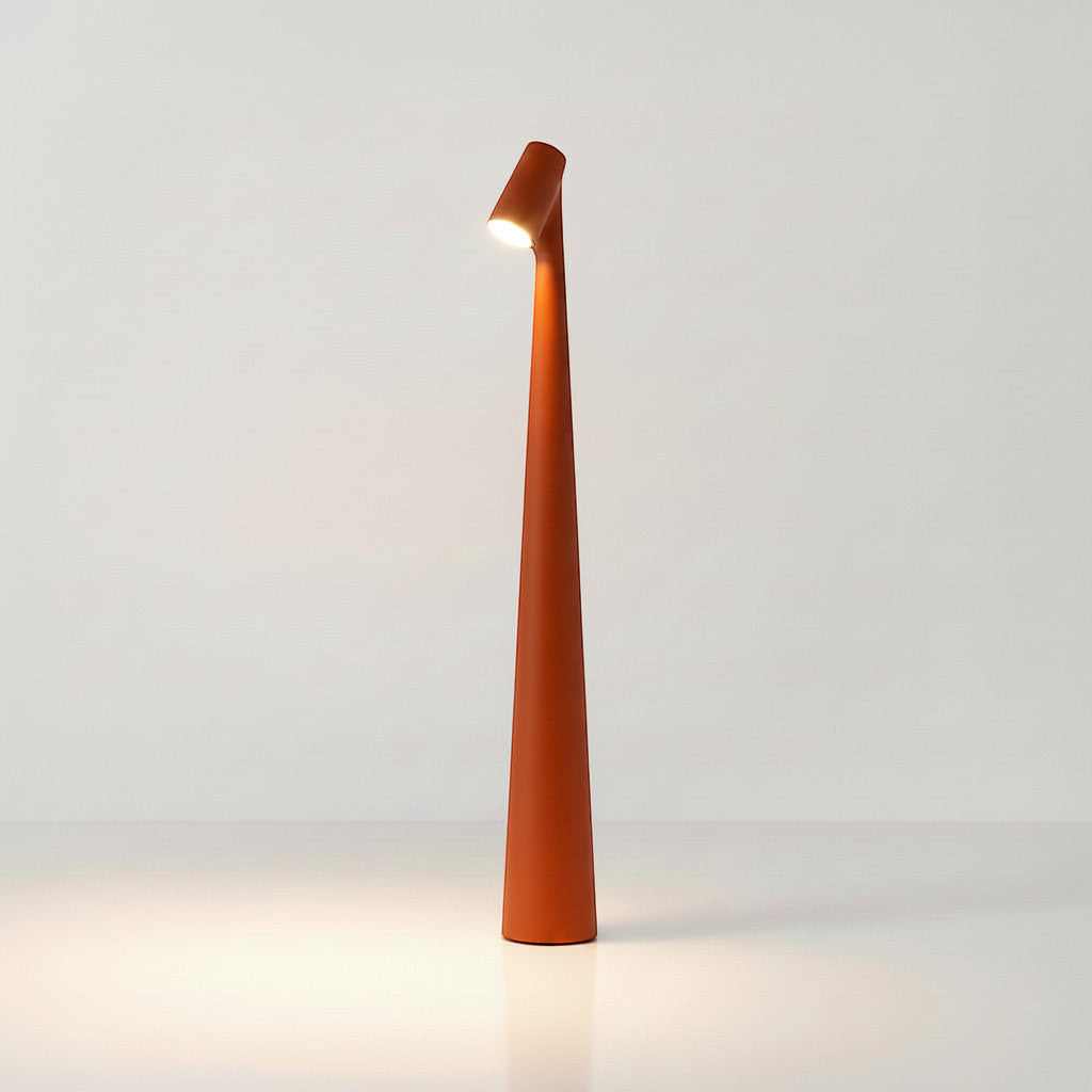 Lysverden tall slim cordless cone bordlampe in rust orange aluminum with touch dimming and 3000K light.