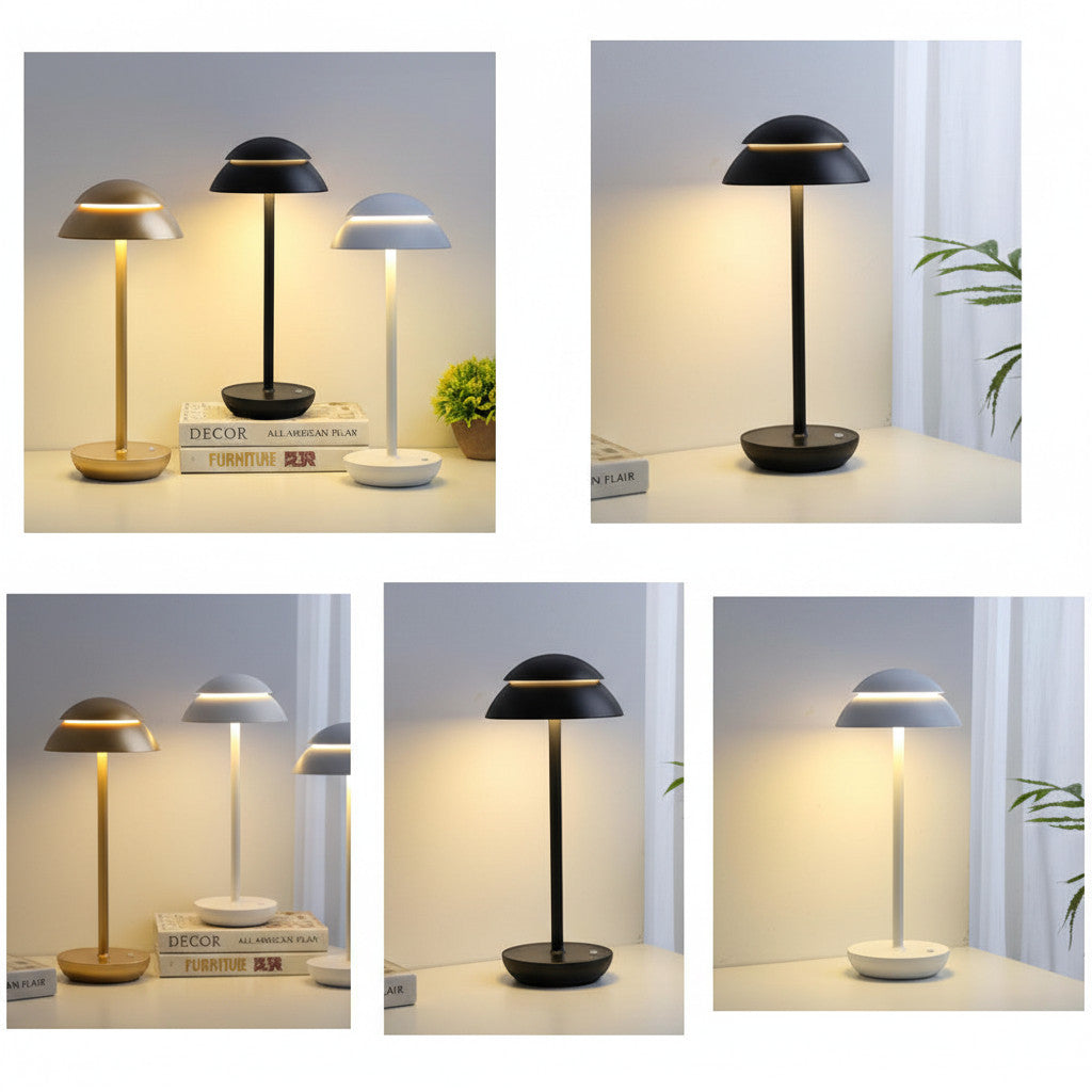 Lysverden Saturn rechargeable table lamp with metal pole, ABS dome shade, touch control, dimmable, 3000K warm light, 4000mAh battery.