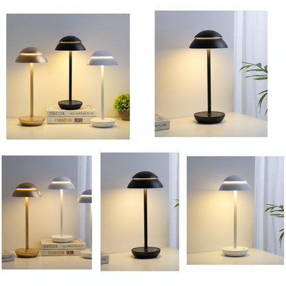 Lysverden Saturn rechargeable table lamp with metal pole, ABS dome shade, touch control, dimmable, 3000K warm light, 4000mAh battery.