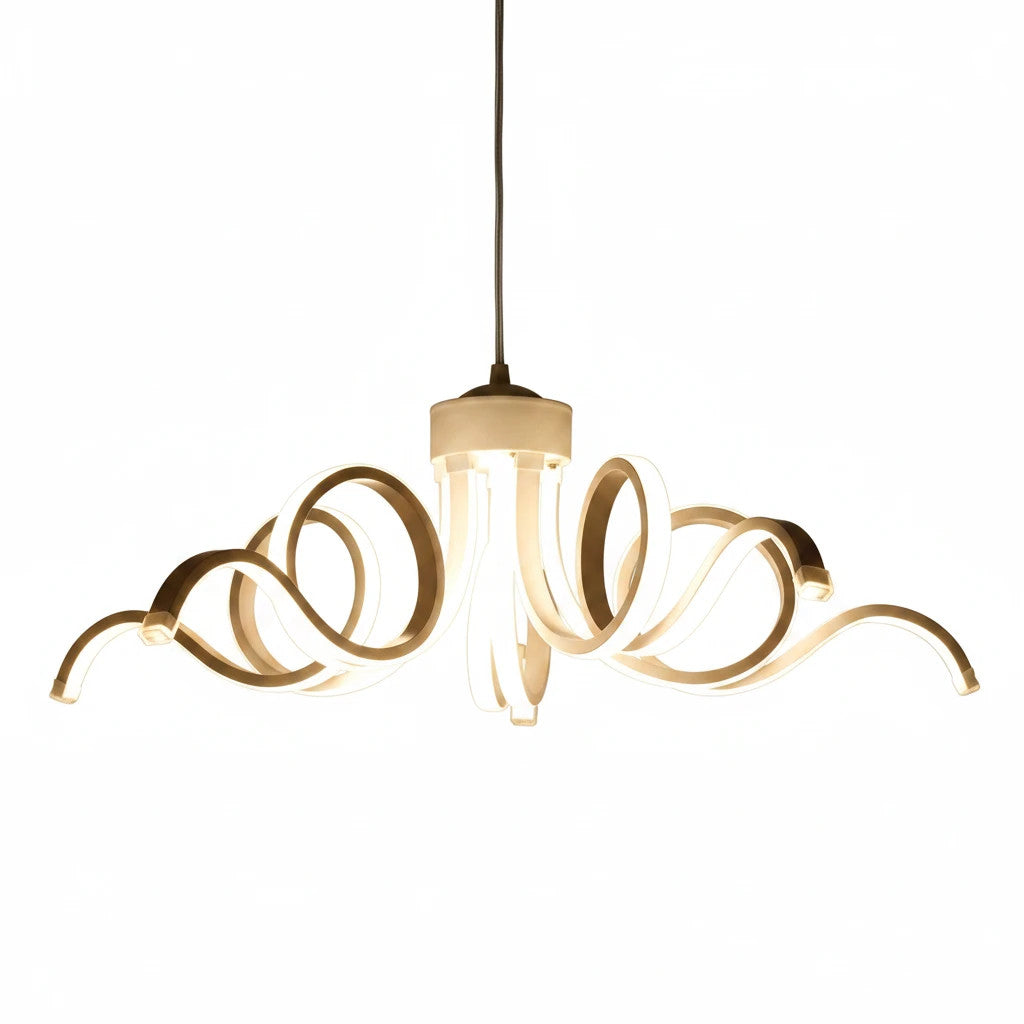 Lysverden skulpturell LED-lysekrone med hvite krøllede armer i organisk, moderne design for elegant spisestuebelysning