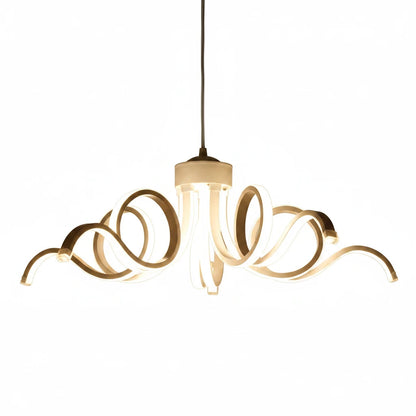 Lysverden skulpturell LED-lysekrone med hvite krøllede armer i organisk, moderne design for elegant spisestuebelysning