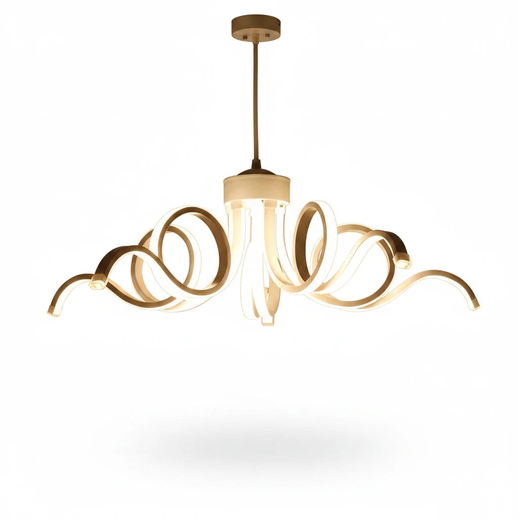Lysverden skulpturell LED-lysekrone med hvite krøllede armer i organisk design, perfekt for moderne spisestuer.