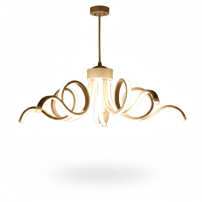 Lysverden skulpturell LED-lysekrone med hvite krøllede armer i organisk design, perfekt for moderne spisestuer.
