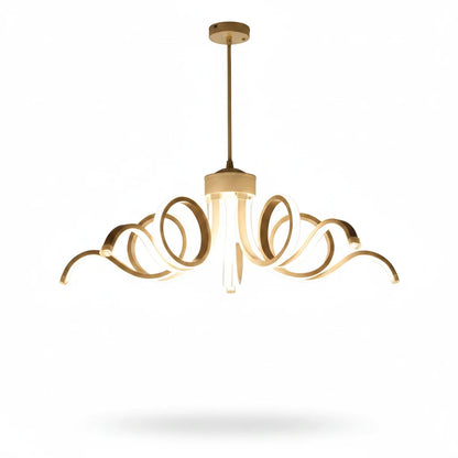 Lysverden skulpturell LED-lysekrone med svungne organiske armer i moderne metallfinish for elegant hjemmebelysning.