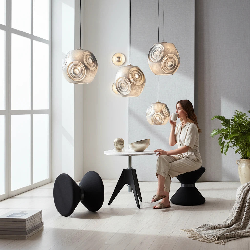 Lysverden sculptural silver metal pendant lamps with faceted surfaces hanging in a modern living room with a woman.