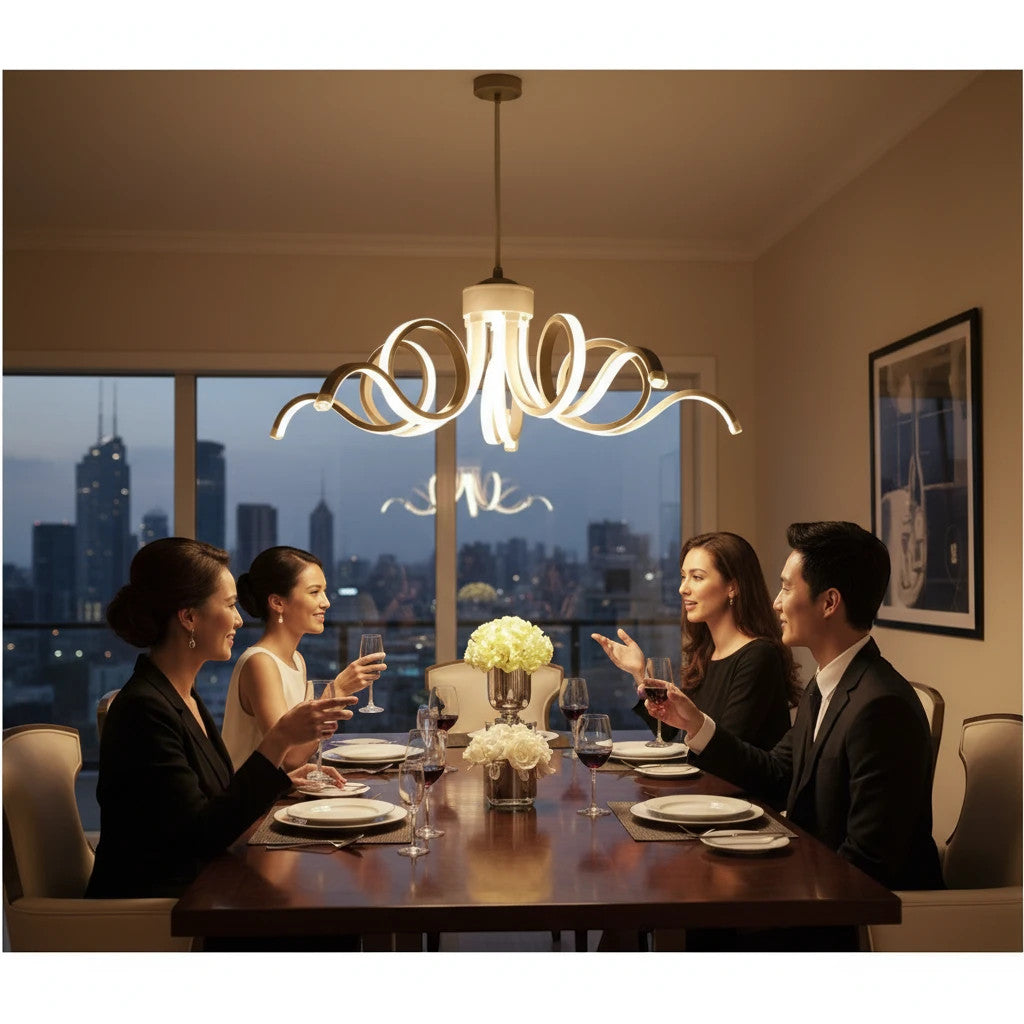 Lysverden sculptural white LED chandelier with curled arms hanging over a dining table with people at a dinner party.