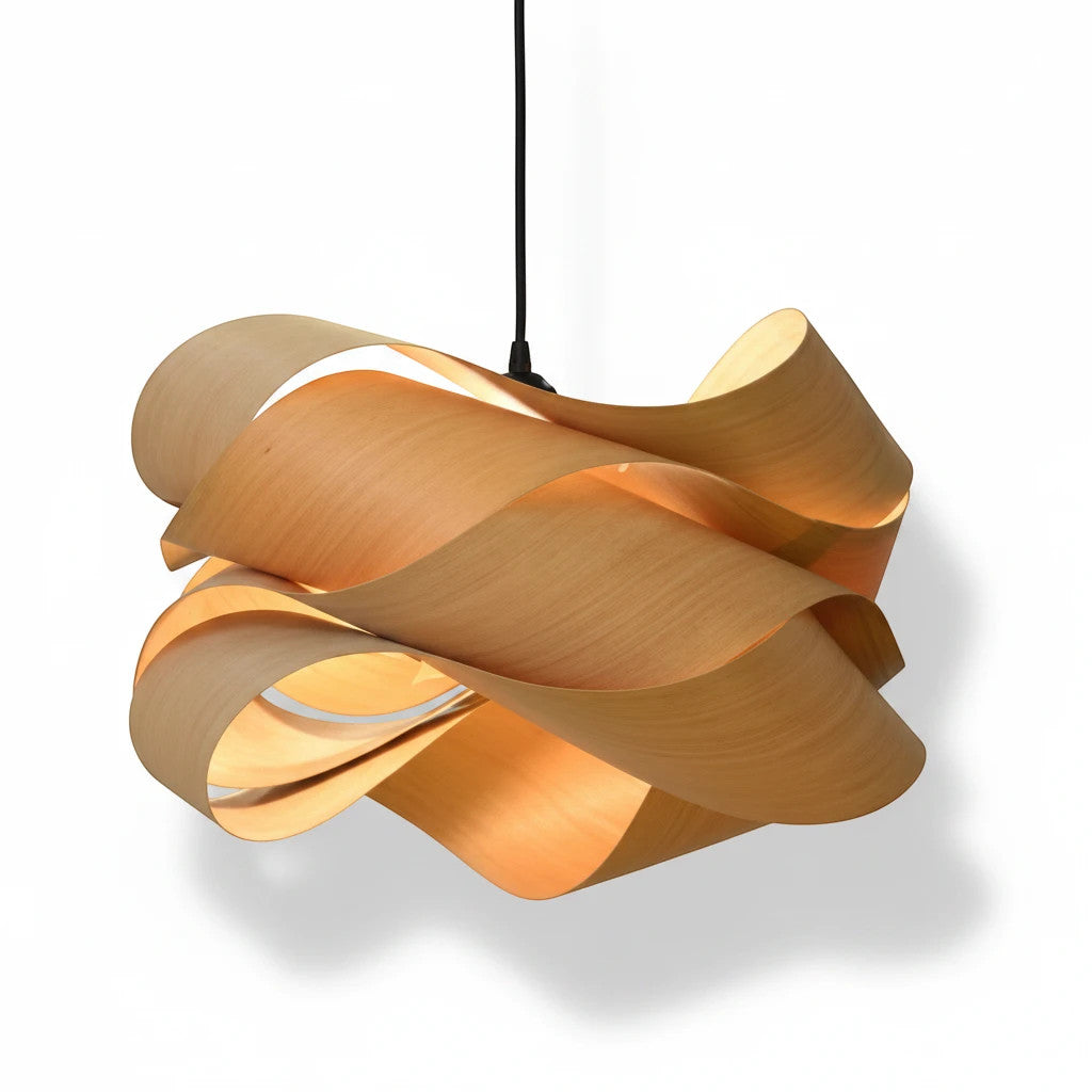 Lysverden sculptural pendant light made of bent natural wood veneer with a swirling, organic design.