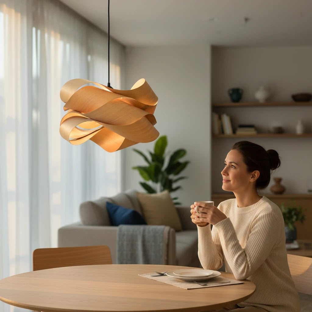 Lysverden sculptural wooden veneer pendant light hanging above a woman sitting at a round dining table in a modern home