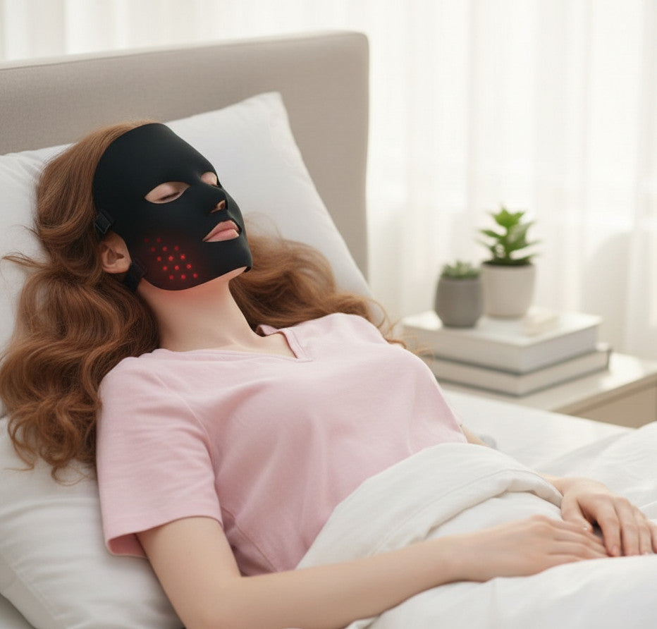 Lysverden black silicone LED face mask with red light therapy for acne and anti-aging, worn by a woman lying in bed.