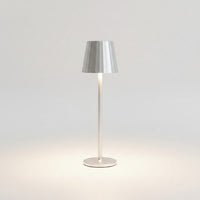Lysverden silver aluminum restaurant table lamp with striped shade, touch control, 4 color temperatures, and 3-level dimming.