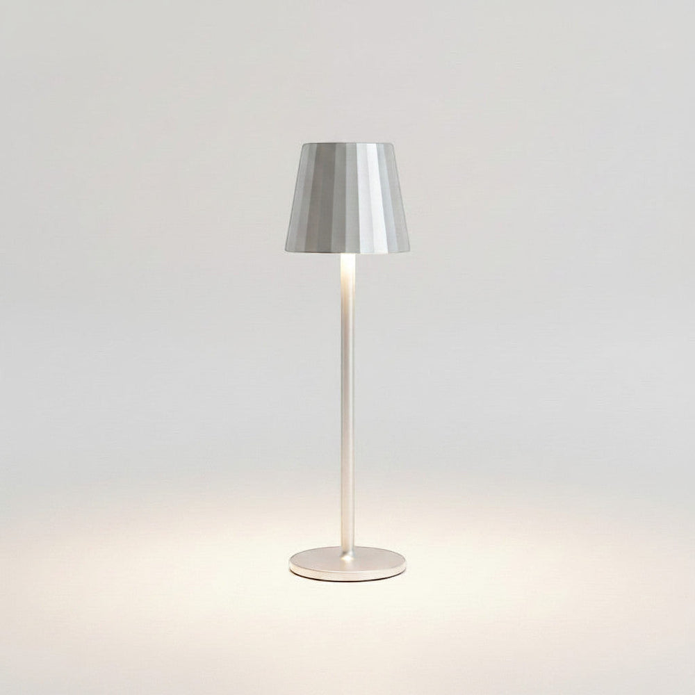 Lysverden silver aluminum restaurant table lamp with striped shade, touch control, 4 color temperatures, and 3-level dimming.