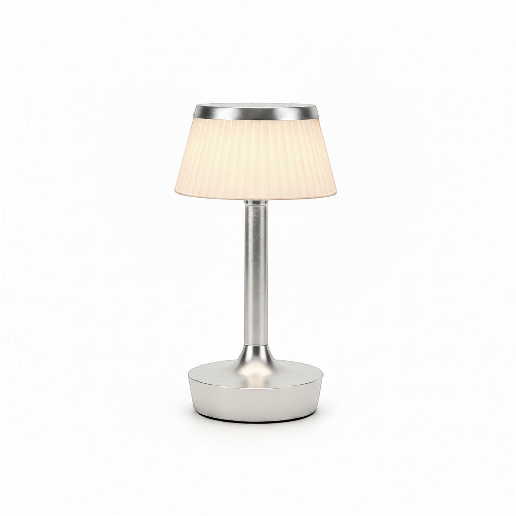 Lysverden silver metal table lamp with pleated cream shade, touch control, dimmable, 2000 mAh battery
