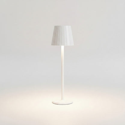 Lysverden silver aluminum restaurant table lamp with striped shade, touch control, 4 color temperatures, and Qi charging.