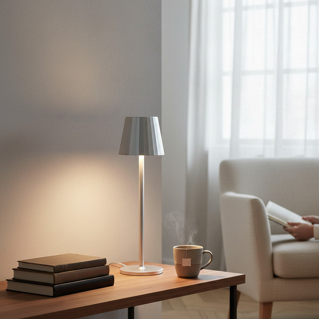Lysverden silver aluminum restaurant table lamp with striped shade, touch control, 4 color temperatures, and Qi charging.