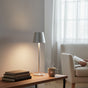 Lysverden silver aluminum restaurant table lamp with striped shade, touch control, 4 color temperatures, and Qi charging.