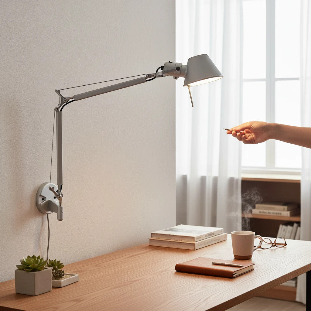 Lysverden silver adjustable swing arm wall lamp mounted over a wooden desk with a hand adjusting the light head.