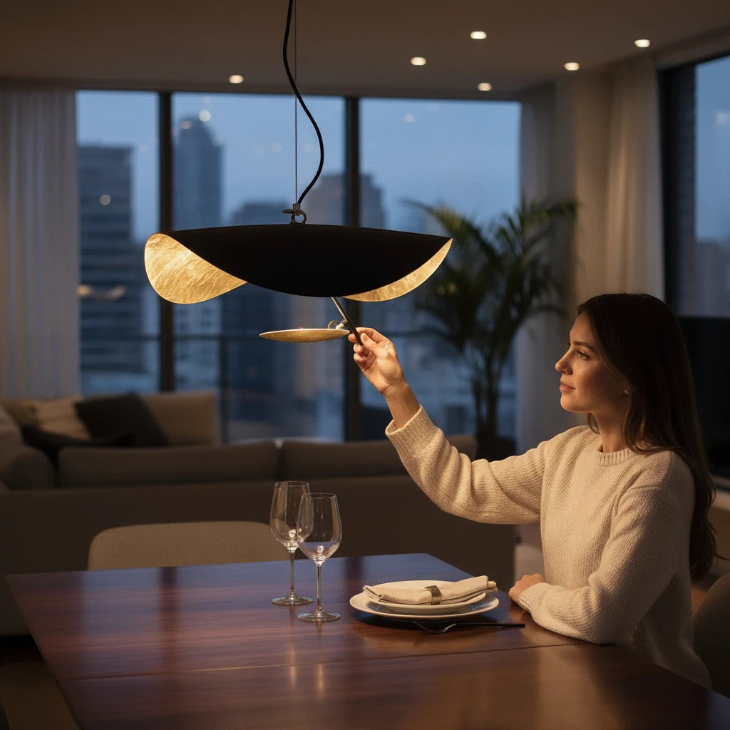 Lysverden LYS Skålpendel in black with gold interior hanging over a dining table in a modern apartment setting