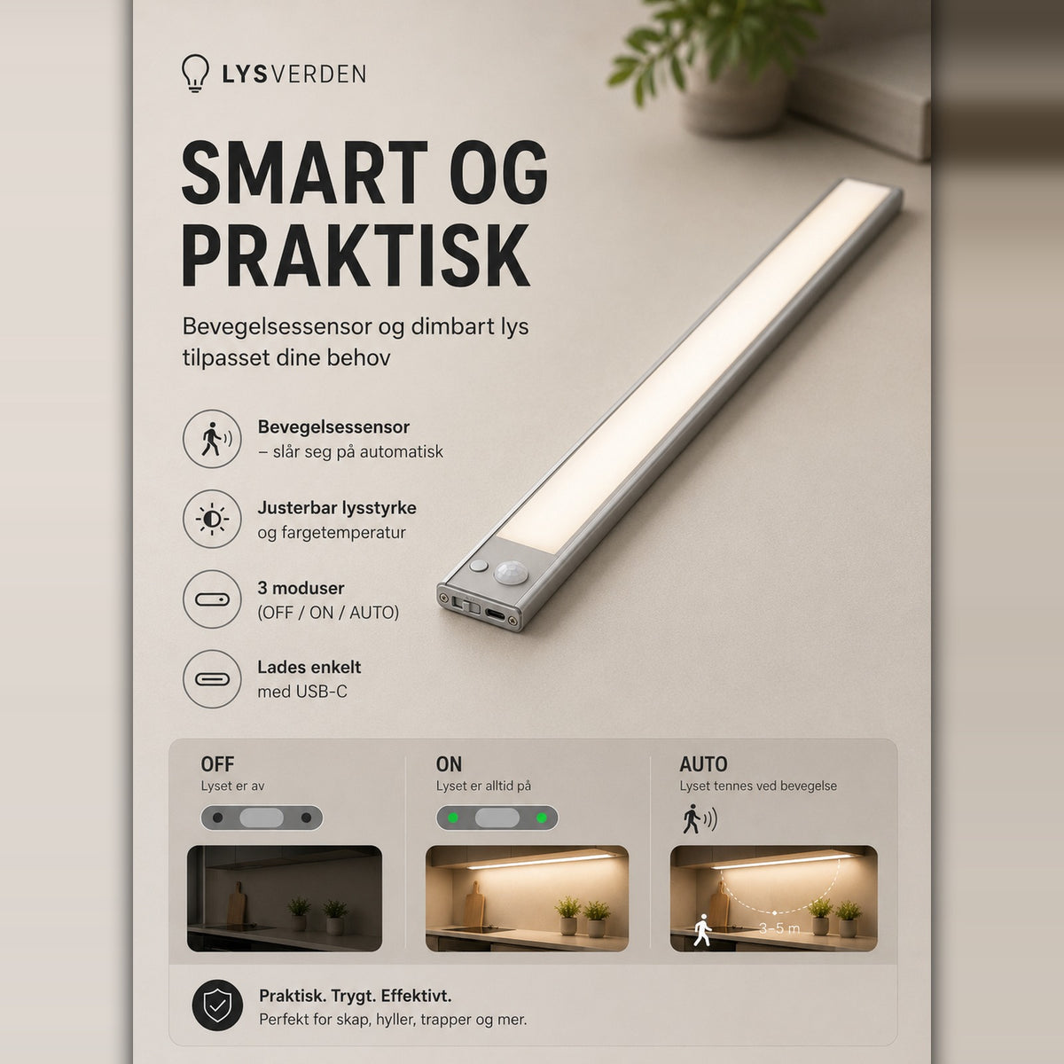 LED skap-belysning med bevegelsessensor – trådløs USB-C oppladbar