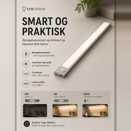 LED skap-belysning med bevegelsessensor – trådløs USB-C oppladbar