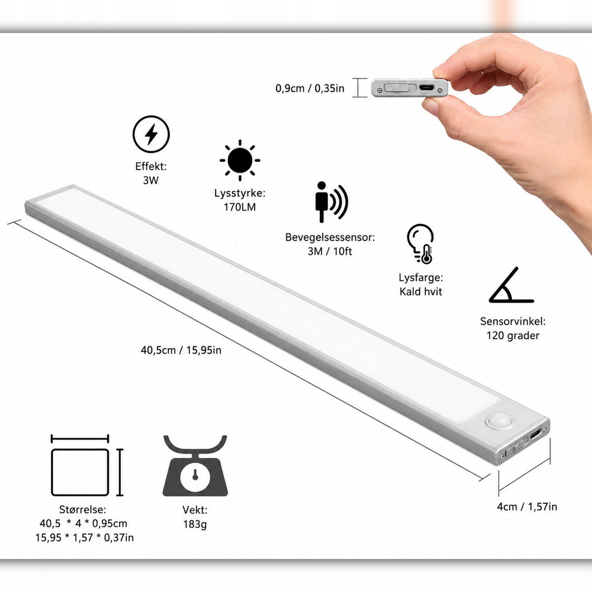 LED skap-belysning med bevegelsessensor – trådløs USB-C oppladbar