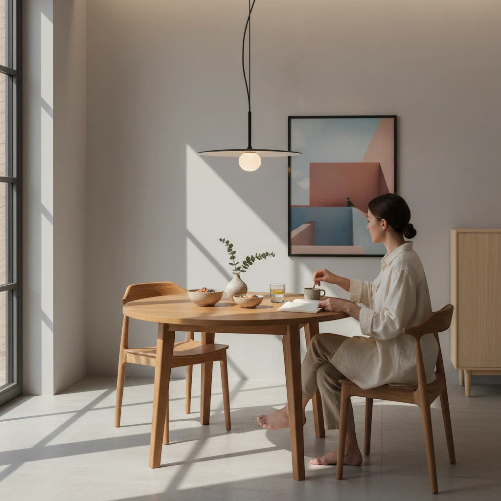 Lysverden minimalist pendant lamp with a flat black disc and opal glass globe hanging over a wooden dining table.