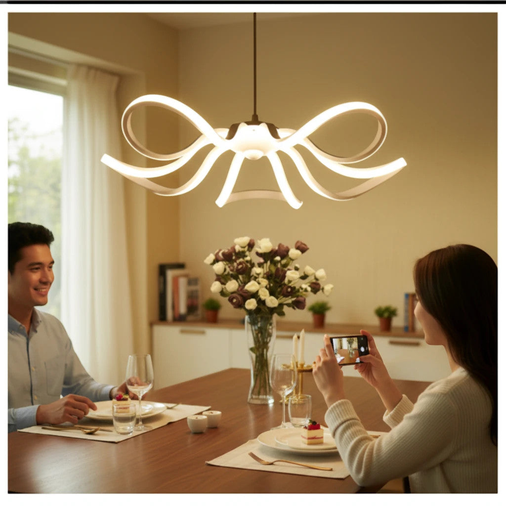 Lysverden sculptural white LED pendant light with curved petal arms hanging over a dining table with a couple.