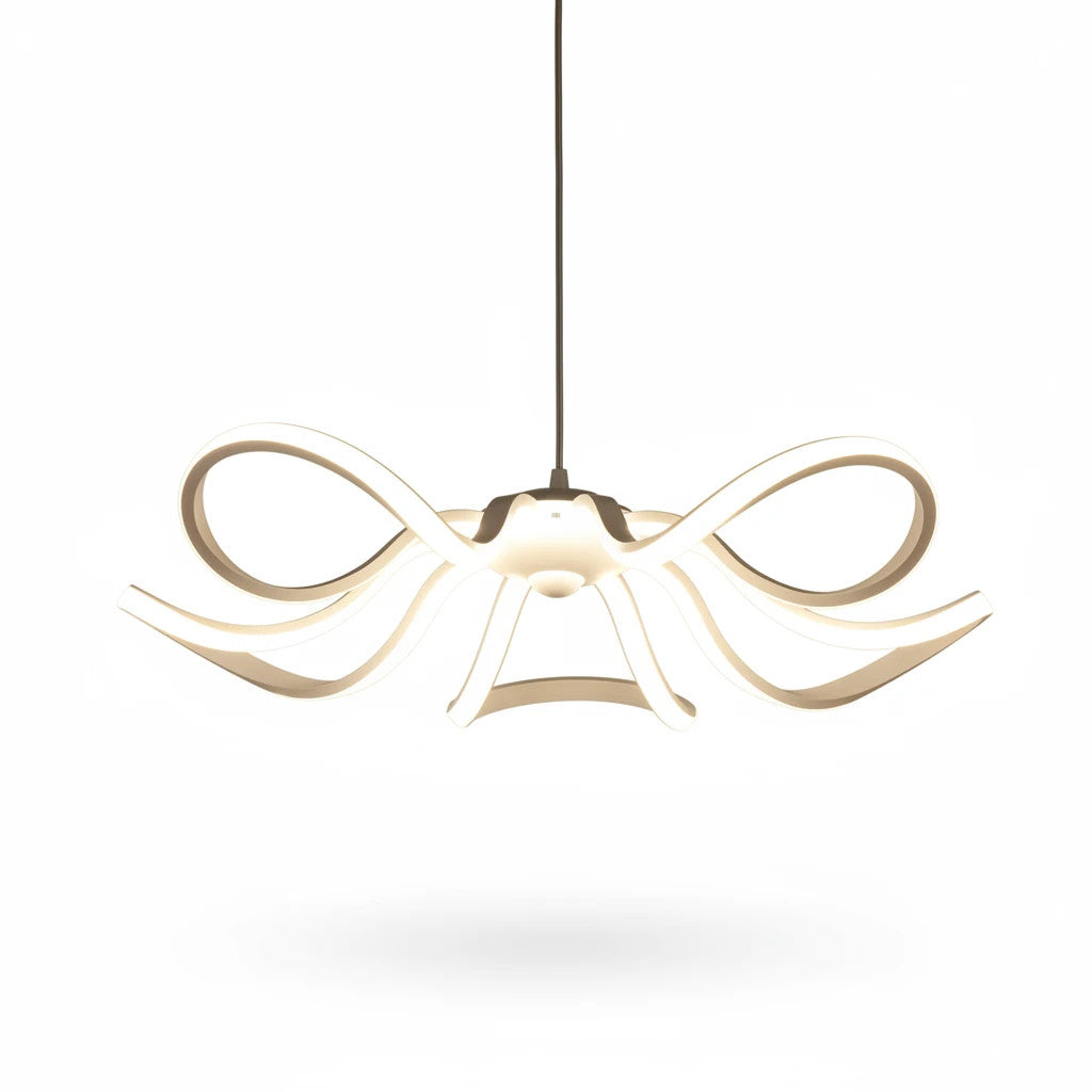Lysverden sculptural white LED pendant lamp with curved petal-like arms creating a soft, elegant floral light design.