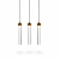 Lysverden set of three slim cylindrical LED pendant lights in transparent acrylic with elegant gold metal details.