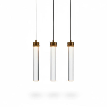 Lysverden set of three slim cylindrical LED pendant lights in transparent acrylic with elegant gold metal details.