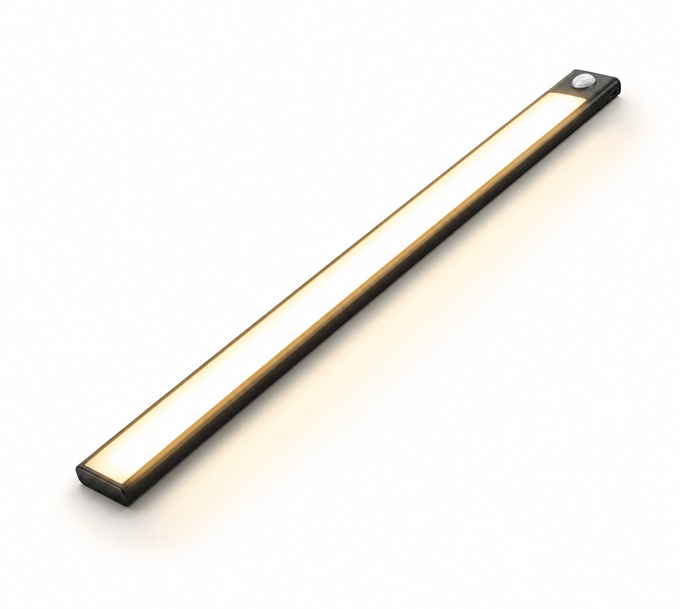 Lysverden slim LED cabinet light in brushed aluminum with motion sensor, emitting warm light for closets or kitchens.