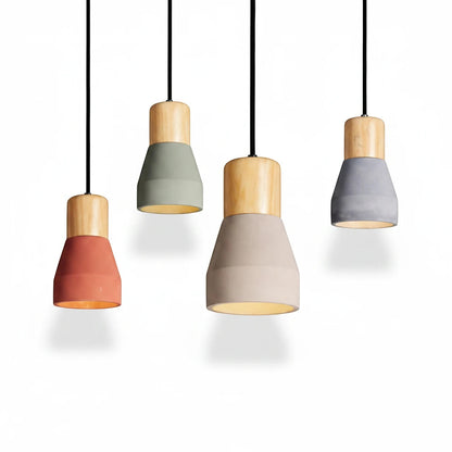 Lysverden small metal and wood pendant lights in assorted muted colors hanging in a group for modern Nordic decor