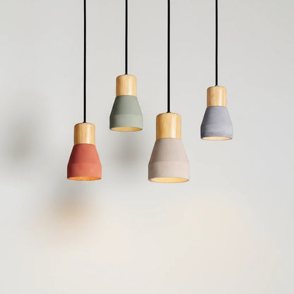 Lysverden small metal pendant lights with wooden tops in assorted muted colors hanging in a group