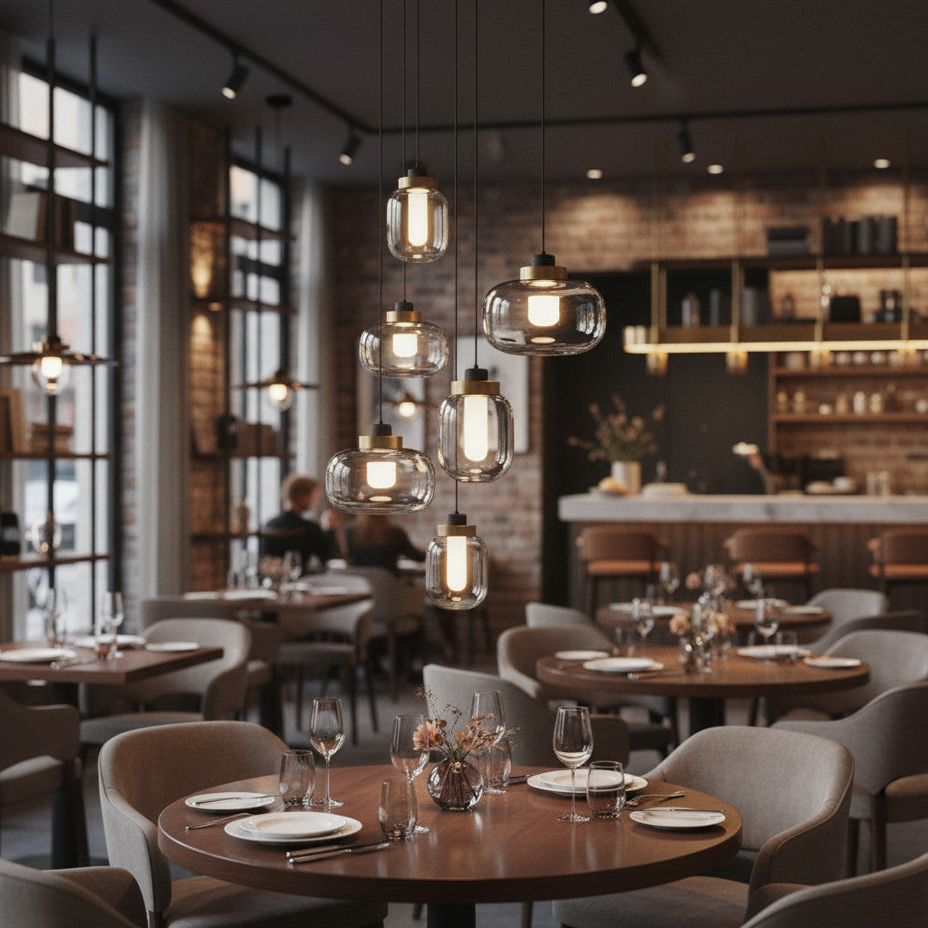 Lysverden smoke glass pendant lamps with brass details hanging in a cluster over a restaurant dining table.
