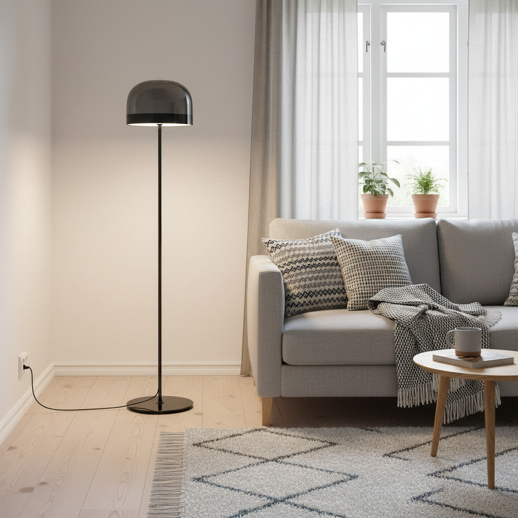 Lysverden floor lamp with a smoke-grey glass dome and opal light source, standing in a modern living room.