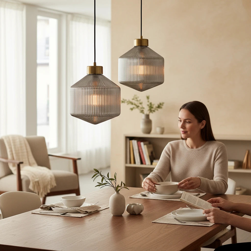 Lysverden smoke grey ribbed glass pendant lamps with brass details hanging over a wooden dining table in a cozy room