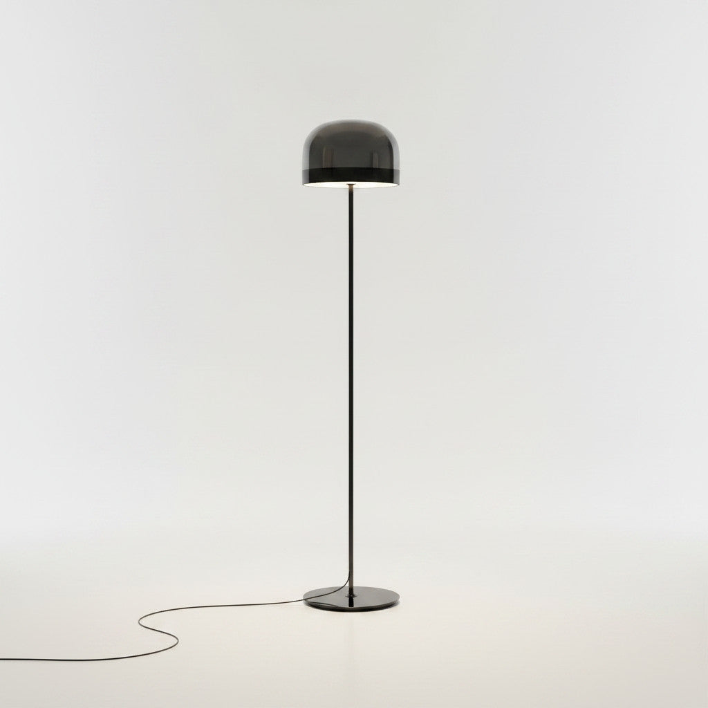 Lysverden gulvlampe med slank metallstamme og moderne kuppelskjerm i røykfarget glass, på hvit bakgrunn
