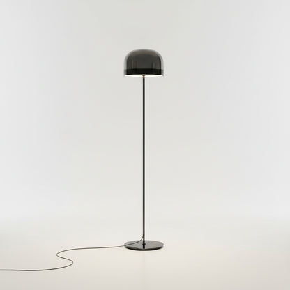 Lysverden floor lamp with a sleek metal stand and a modern dome-shaped smoked glass shade on a white background